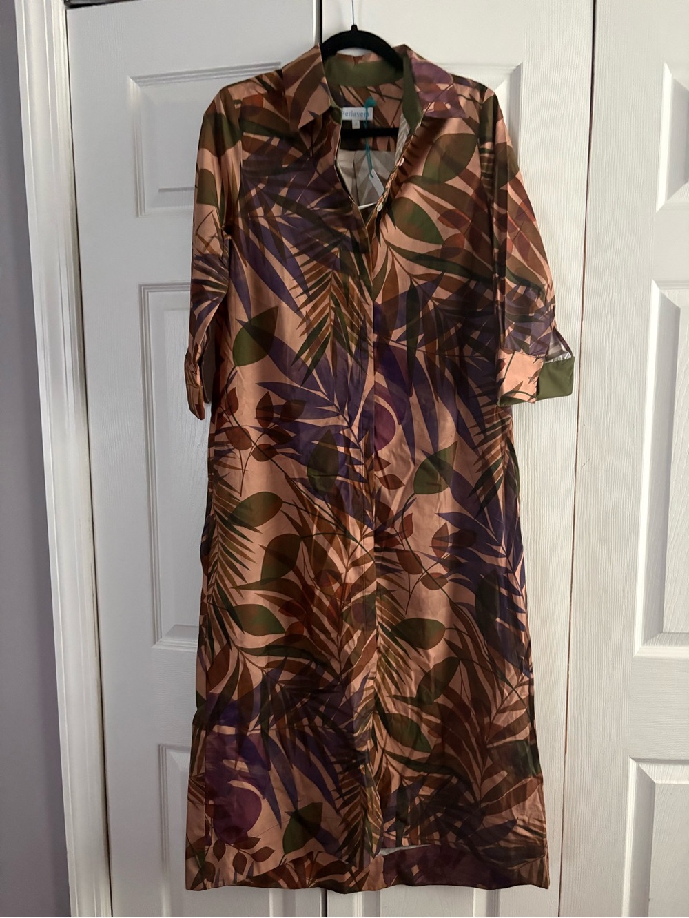 Printed Button-Front Shirt Dress in Tan with Green and Purple Leaf Print
